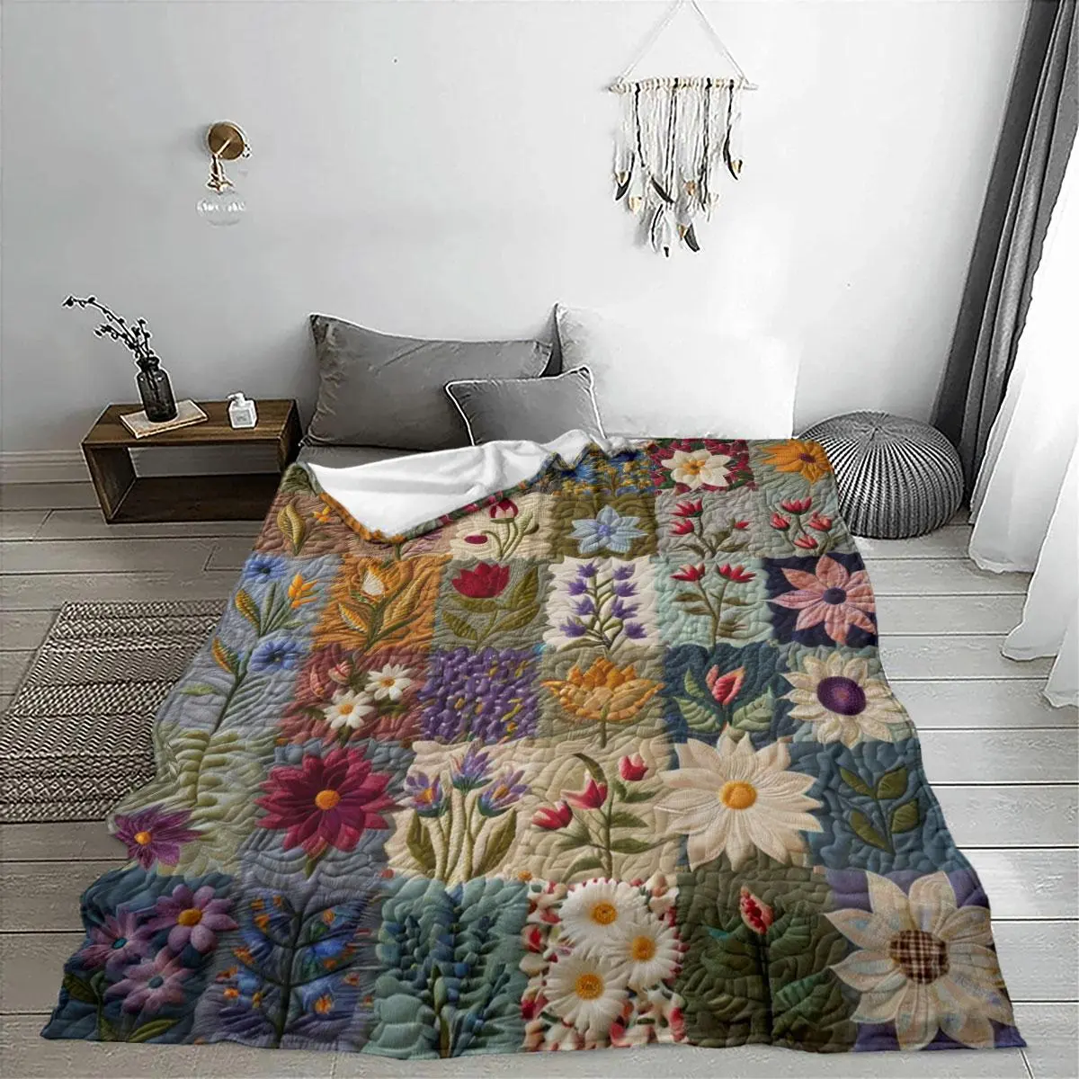 Floral Patchwork Pattern Quilted Blanket, 1 Count Soft Comfortable Throw Blanket, Cool Bedroom Bedding Blankets for Home Office Travel Camping, Boho Blanket