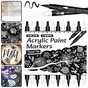 Black White Acrylic Paint Pen, Acrylic Marker,12 Pcs Brush and Fine Dotl Tip Permanent Black White Paint Markers for Paper, Rock Painting, Wood Sign, Metal, Plastic, Ceramic Drawing, Acrylic Marker Pens, Dual Tip Marker, Art Marker Pen