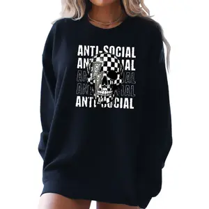 ANTISOCIAL Skull w/ Faux Rhinestone Lightning Bolt Graphic T-Shirt, Long Sleeve Crewneck or Hoodie, Grunge Alt Aesthetic | Edgy Streetwear, Womenswear