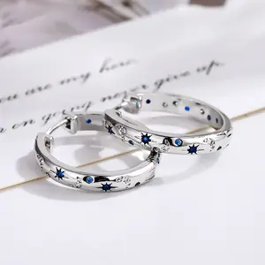 Hypoallergenic Star Hoop Earrings - Silver-Plated with Blue Crystal Star/Moon, Perfect Girlfriend Gift, Versatile for Daily/Work/Date Occasions