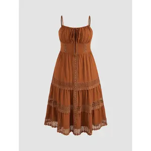 Cider [3 colors, size 0-24] Woven Lace Trim Corset Tiered Cami Ruffle Maxi Dress Curve & Plus