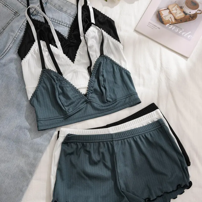【Black Friday】Women's Wireless Bra & Lettuce-Trim Shorts Underwear Set, Casual Summer Lingerie, Adjustable Strap & Elastic Waist, Soft Comfy Breathable Underwear Set for Women