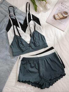 women's wireless bra & lettuce trim shorts underwear set, casual fashion adjustable strap bra & elastic waist shorts, soft comfy breathable underwear set for women, ladies bra set, womenswear