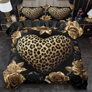 Leopard Heart Bedding Set, King Queen Style, Polyester Material, Bedroom Decor, Holiday Birthday Gift, Includes Sheet + Pillowcases