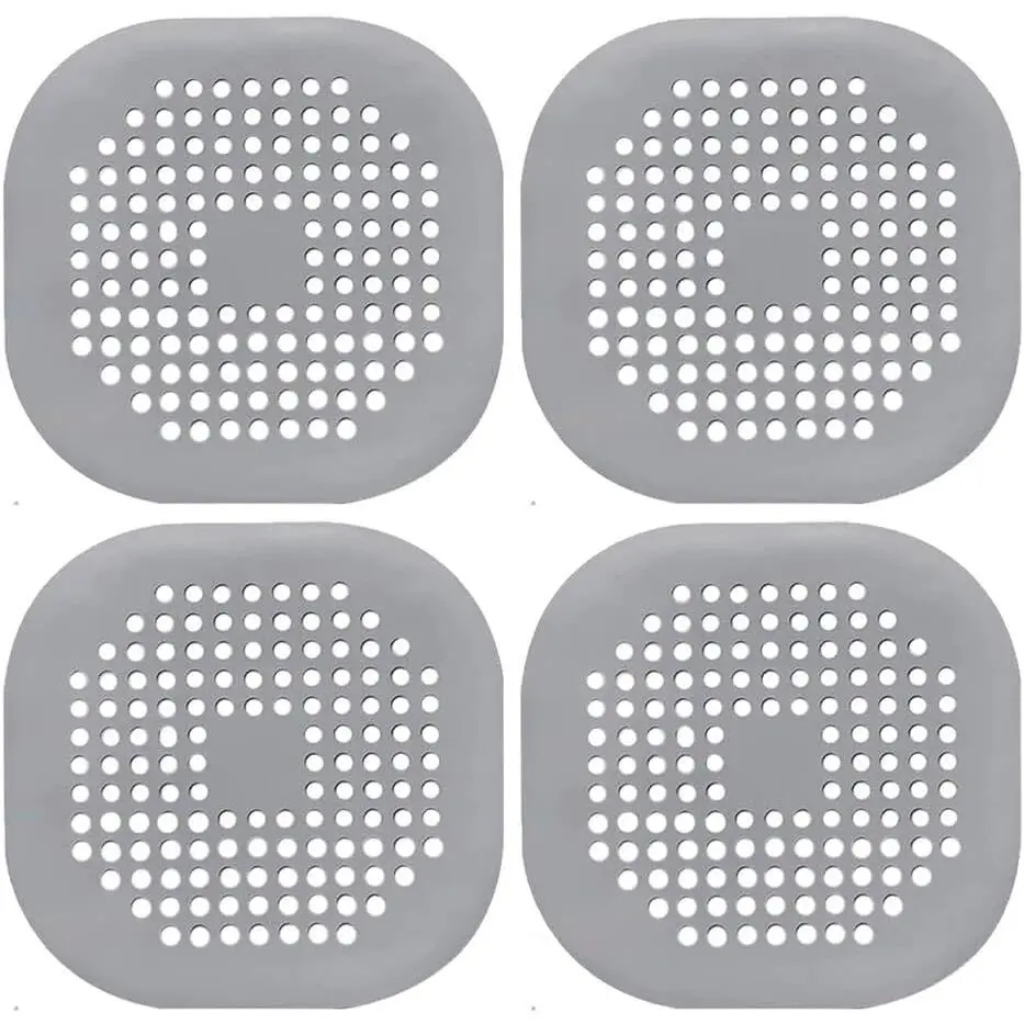 4 Pack Drain Cover Hair Catcher Pad,  Tube  Shower with Sucker for Bathroom Kitchen, 5.5" Flat Square Rubber Strainer Plug Filter Bathtub Sink Home Drain Protectors, Grey