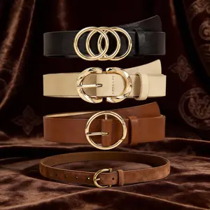 Women’s minimalist commuter belt set, solid color with a versatile gold buckle, European/American style decorative waist cincher for dresses and jeans (4 pieces)