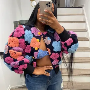 Autumn and Winter New Retro Three-Dimensional Flower Loose Temperament Single-Breasted Cardigan Short Coat Trend Female Clip