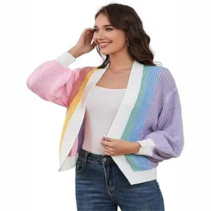 Clearlove Women's Colorblock Ribbed Knit Cropped Cardigan Long Sleeve Open Front Button Up Lightweight Layering Piece Pink XXL