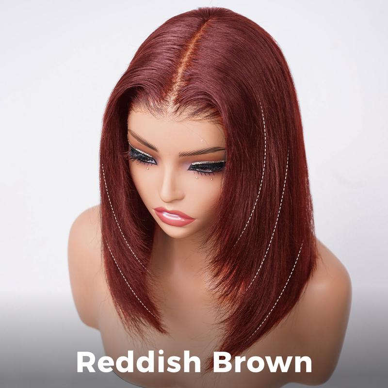OQ Hair Full 220% Density Wear Go 9x6 Tpart Layered Cut Yaki Straight Bob Wig Reddish Brown Color Ear To Ear Deep Part Lace Glueless Wig Human Hair Pre Bleached Tiny Knots With Drawstring
