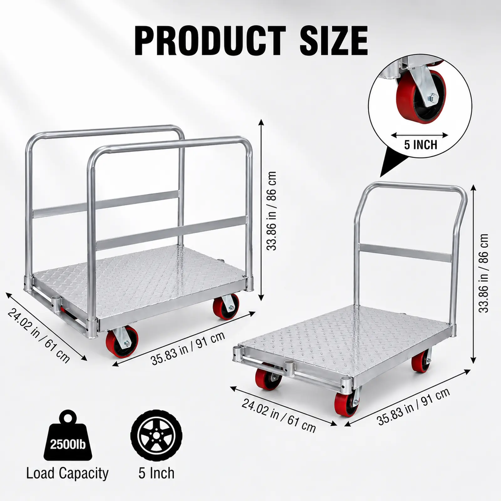 NORTHSKY 2-in-1 Drywall Cart Dolly, 2500 LBS Capacity, 36"x24" Steel Panel Truck w/3 Handrails & 5" Swivel Casters, Heavy Duty Plasterboard Mover for Job Site & Warehouse