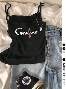 Women's Coraline Letter Print Crop Cami Jersey Top, Casual Sleeveless Top for Daily Wear, Ladies Clothes for All Seasons, Socks
