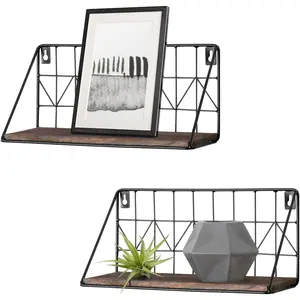 Mkono Floating Shelves Wall Mounted Set of 2 Rustic Wood Storage Display Shelf with Metal Wire Basket 11.4 Inches, Hanging Shelf for Bedroom Bathroom Living Room Kitchen Office, Brown,Small