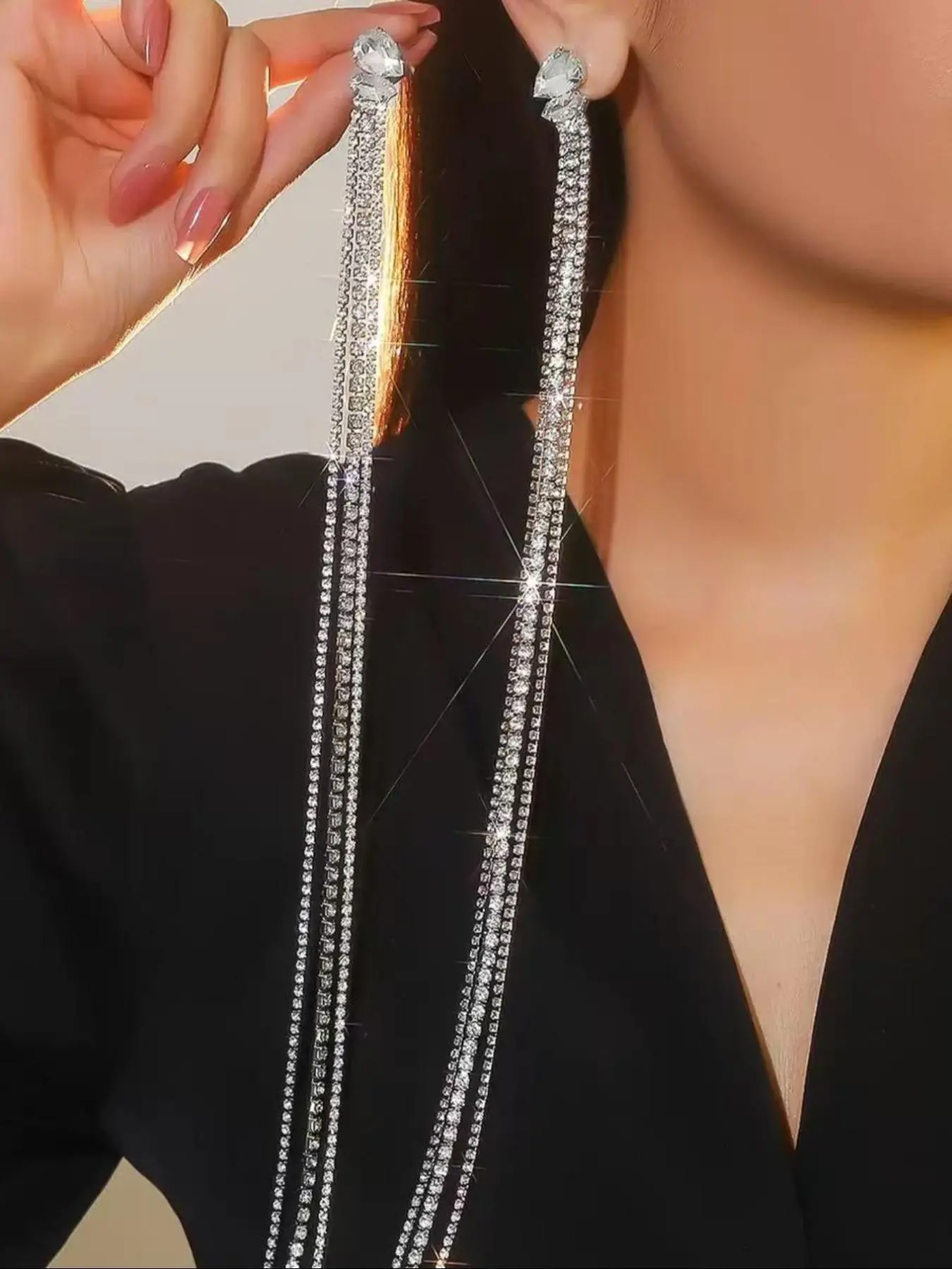 Rhinestone Decorated Tassel Earrings, Fashionable Long Chain Earrings for Women, Elegant Jewelry for Party, Daily Clothing Decor for Girl