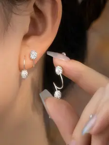1 Pair Super Shiny Zirconium Double Ball Earrings, S-Shaped Spring Clasp, Unique Design, Small Ear Bone Studs for Women, Post Earrings