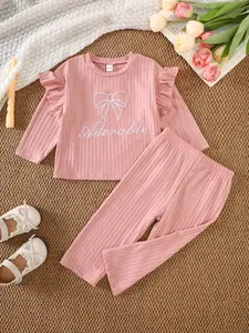 Super Cute Baby Girl Pink Ribbed 2-Piece Set: Bow Embroidery + Ruffle Trim | Trendy & Comfy Daily Wear for Baby Girls