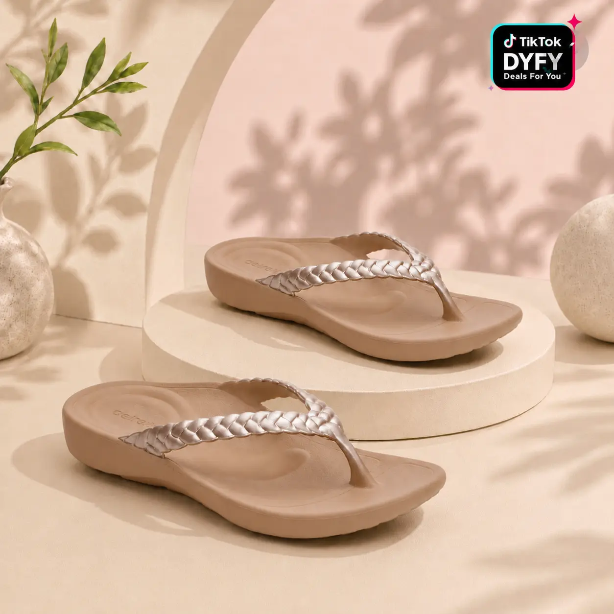 SummerVibes [Limited Stock] Aetrex Vicki Braided Thong Sandal - Champagne Gloss | Arch Support Sandals for Foot Pain Relief & All-Day Comfort | Lightweight Walking Flip Flops