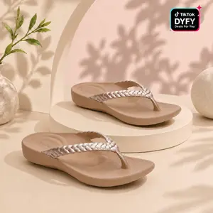 SummerVibes [Limited Stock] Aetrex Vicki Braided Thong Sandal - Champagne Gloss | Arch Support Sandals for Foot Pain Relief & All-Day Comfort | Lightweight Walking Flip Flops