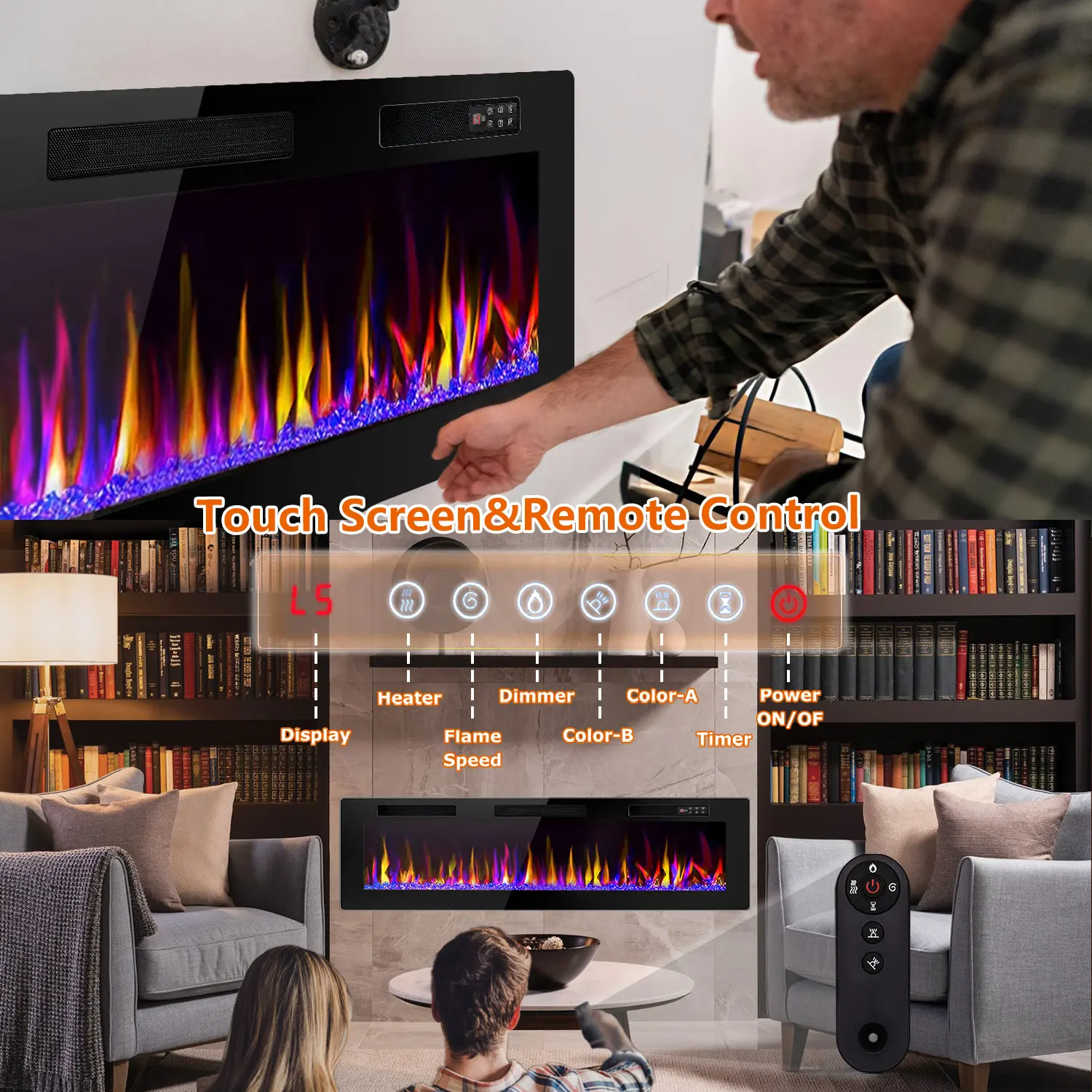 PUKAMI 72-in Ultra-Thin Silent Luminous Tempered Glass Linear Electric Fireplace - Recessed Wall-Mounted Indoor Heater, Fits 2x4 & 2x6 Studs, 12 Adjustable Flame Colors & Speeds, Touch Screen Remote Control, 8h Timer