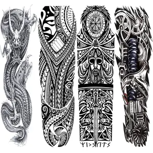 Dragon Tribal Temporary Sleeve Tattoo For Men Women, Large Full Arm Mechanic Maori Viking Fake Tattoo Sleeve For Adult, Long Lasting Black Arm Temp Tatoo Sticker Leg Body Art Makeup, 4-Sheet
