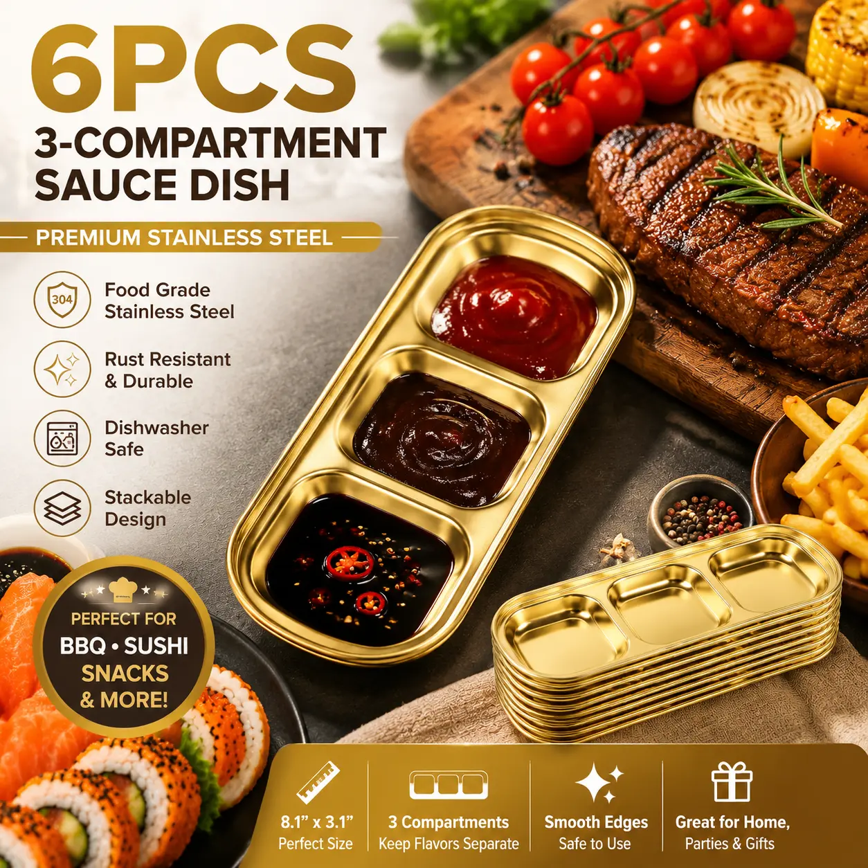 6PCS Gold Stainless Steel Sauce Dish Set, 3 Compartment Dipping Sauce Tray, Soy Sauce Plate for BBQ, Sushi, Ketchup, Seasoning, Appetizer Serving Dish