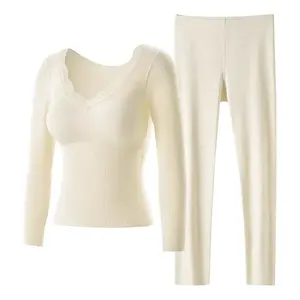 Women's 7A Cashmere 2-Piece Seamless Thermal Underwear Clothes Set - Fleece-Lined Thick Lightweight Knitting Tops & Pants, 2025 Autumn Winter Elegant Casual Comfortable Warmer with Chest Pads, Breathable