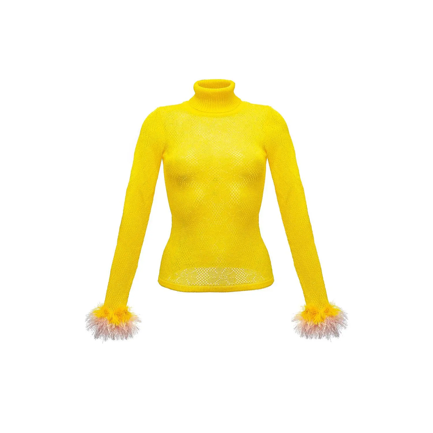Yellow knit turtleneck with handmade knit details