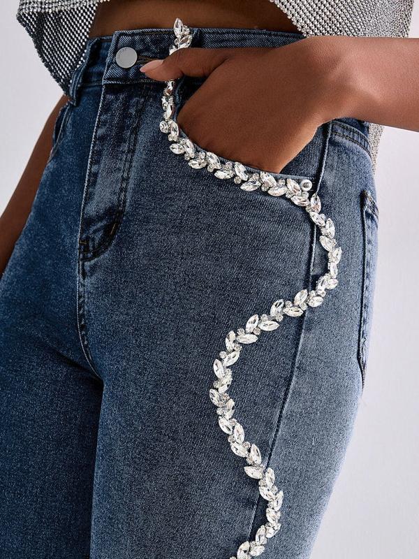 Women's Mid-waist Wide-leg Jeans With Heavy Craft Diamond-embellished Wavy Patterns, Featuring Classic Zipper And Button Fly With Functional Pockets, Split Hems, And A Drapey Straight Cut. Suitable For All Seasons And Various Occasions.