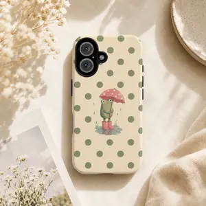 Cute Frog With Umbrella Illustration Phone Case | Unique Cartoon Style Phone Cover | Soft Touch Aesthetic Accessory | Gift For Her And Him