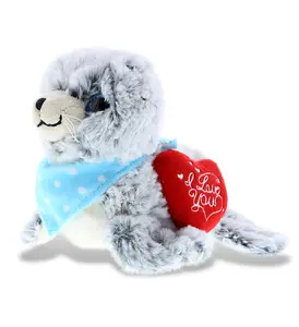 DOLLIBU Embroidered Polyester Red Heart Sea Lion Stuffed Toy - Super Soft Plush, Romantic Bedroom Accessories, "I Love You" Themed Gift