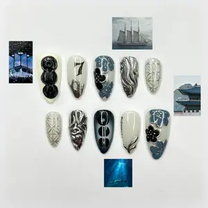 Kpop Inspired Indigo Voyage Nails| 7 Spirit Arirang Silver Shark Nails| Ocean Muse 3D Chrome Nails| Handmade Nails| JC357IC