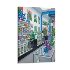 1pc Frameless Canvas Art, Colorful Cannabis Leaf & Bong Pop Art, Modern Wall Decor for Home/Shop, Living Room/Bedroom/Office/Bar, Printed Artwork