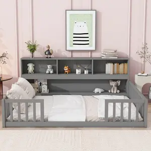Kids Low-Profile Storage Bed with Full Guardrails & Bookcase Headboard Pine Wood Easy Setup Hidden Storage for Books Toys and Lamps Ideal for Small Spaces