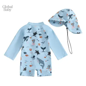 Global Baby Kids Boys Long Sleeve Swimwear Casual Marine Animal Print Zipper Rash Guard Swimsuit and Hat Rash Guard Swimsuit Octopus Print Long Sleeve Zipper Romper with Swimming Hat