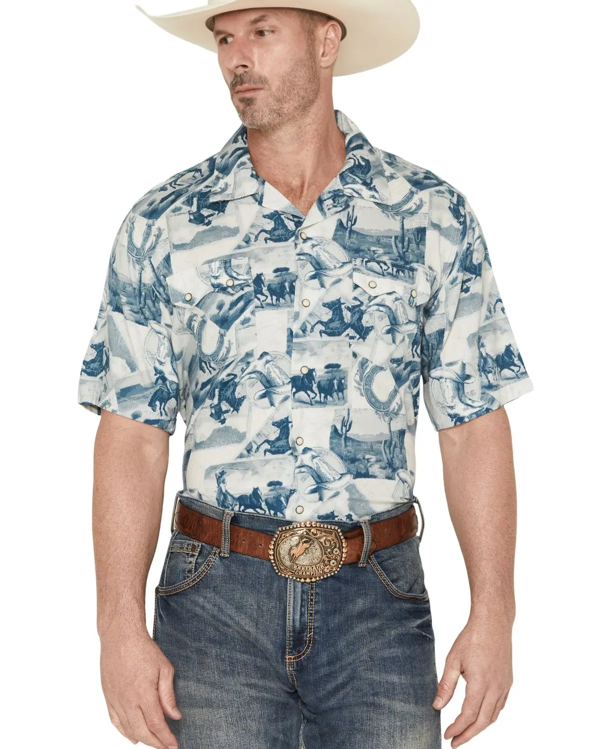 Wrangler Men's Men'S Coconut Cowboy Printed Short Sleeve Snap Western Shirt - 112378981