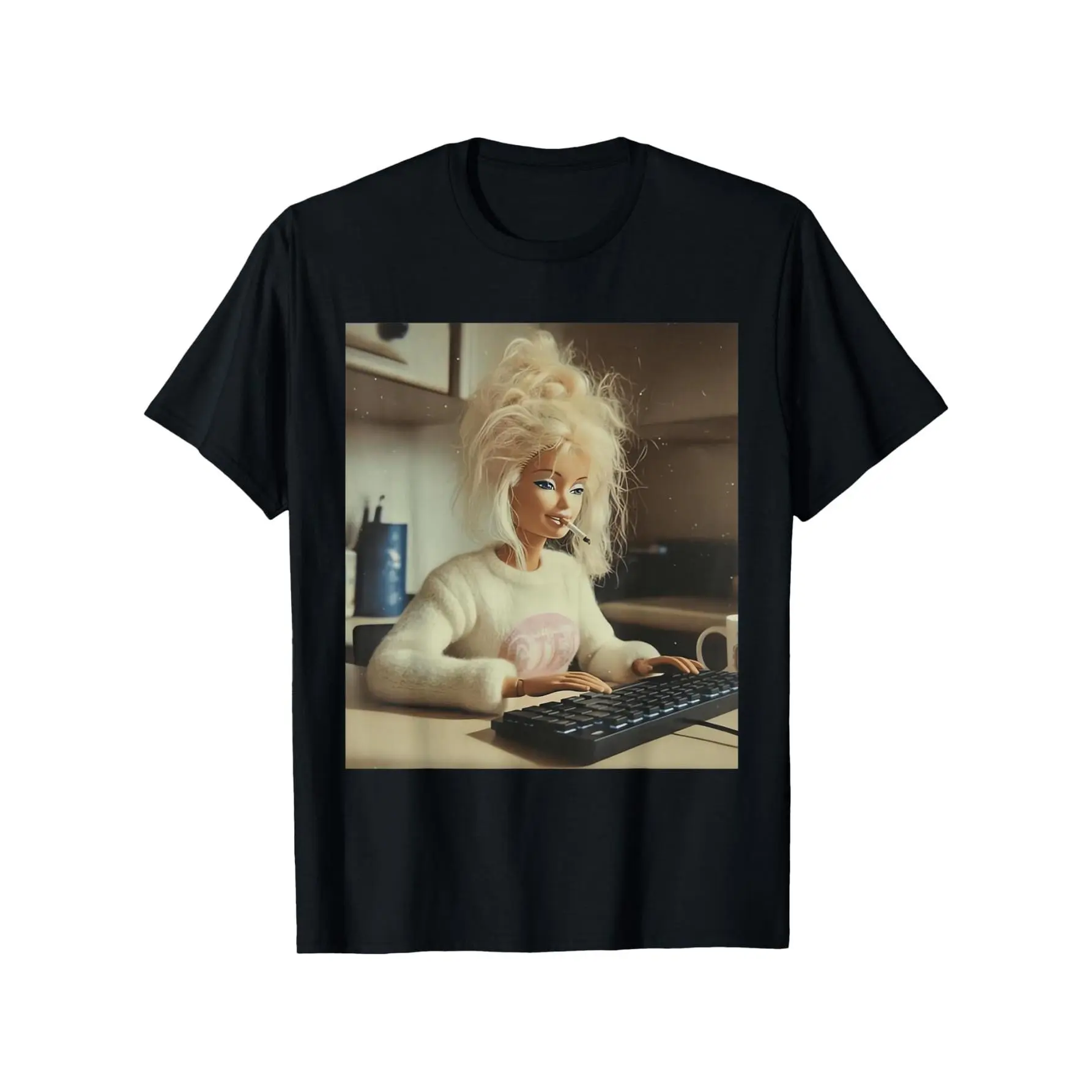Women's T-Shirt with Elegant Vintage Graphic, Funny Vibes Doll Face Print, Soft Breathable Cotton Shortsleeve Round Neck Top