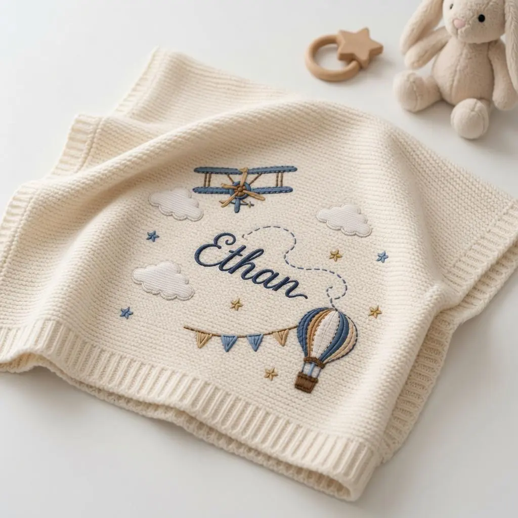 [Made-to-Order] Custom Airplane Hot Air Balloon Embroidered Knit Baby Blanket, Personalized Sky Name Blanket, Cloud Nursery Decor, Newborn Blanket, Baby Shower Gift