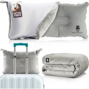 Travel Blanket and Pillow Set Airplane Blanket with Inflatable Pillow and Cotton Pillowcase, Travel Blanket Combo with Back-Neck Snaps for Long Flights