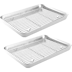 Small Deep Cookie Baking Sheet Pans with Cooling Wire Rest Racks Set 18/8 (304) Stainless Steel  Serving Trays 10.4 x8.1 x1.1Inch Dishwasher Safe for 1~2 Person 2Pans & 2Racks