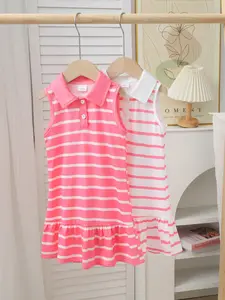 Girls' Fashionable New Dress Set, Button Decorated Striped Collar Sleeveless Dresses, Collared Button Dress, Sweet & Active Style, Perfect for Daily Casual, Striped Pattern Dress