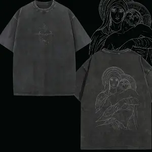 valentine shirts Virgin Mary Oversized Tee: Washed Black Sacred Heart & Pietà Print