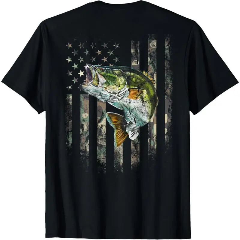 Cotton Short Sleeve (Art On Back) American Flag Camo Bass Fish Fishing T-Shirt For Men Women good graphic tees