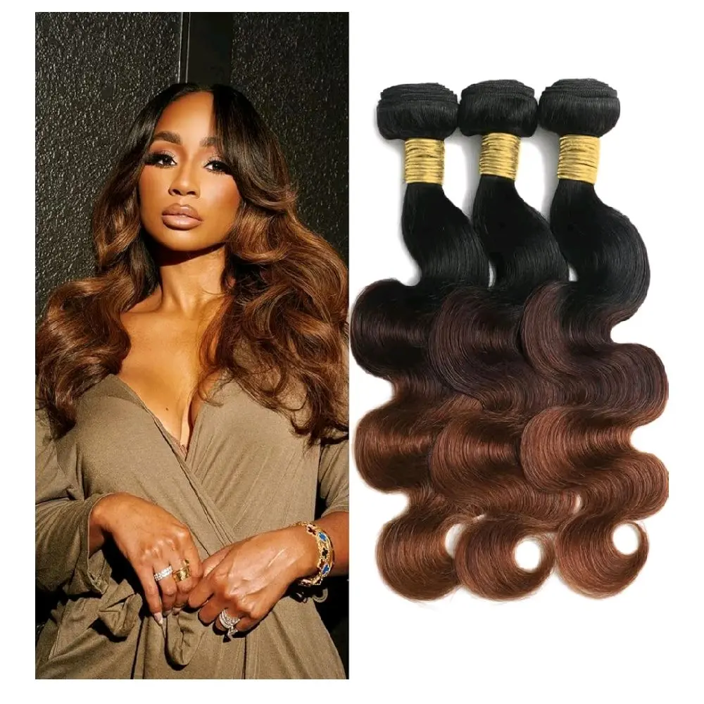 Chestnut Brown Ombre Human Hair Bundles Body Wave 100% Real Virgin Human Hair Bundles 10 12 14 Inch Dark Roots Bundle 3 Tone Ombre Medium Auburn Colored Sew in Quick Weaves