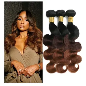 Chestnut Brown Ombre Human Hair Bundles Body Wave 100% Real Virgin Human Hair Bundles 10 12 14 Inch Dark Roots Bundle 3 Tone Ombre Medium Auburn Colored Sew in Quick Weaves