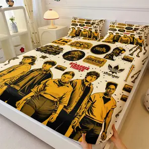 Stranger Things Characters Fitted Sheet Set,1 Fitted Sheet 2 Coreless Pillowcase,“HAWKINS”“Vecna's Lair” Otherworldly Monsters Text Logo,Gift for Fans American TV Series Fan Bedroom Gifts