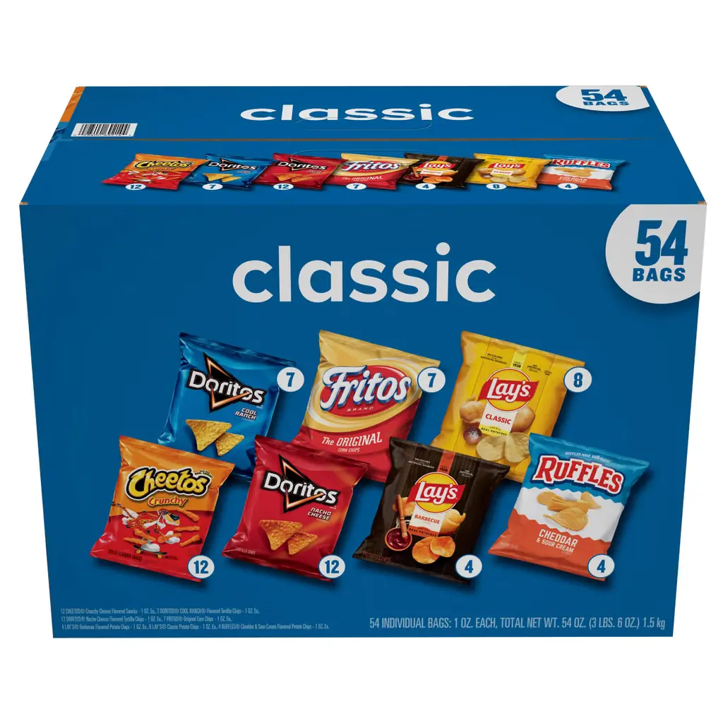 Frito Lay Classic Mix Fried Crisps Snack Variety Pack - 1 oz, 54-Count, Assorted Tastes, Cholesterol-Free, Contains Protein