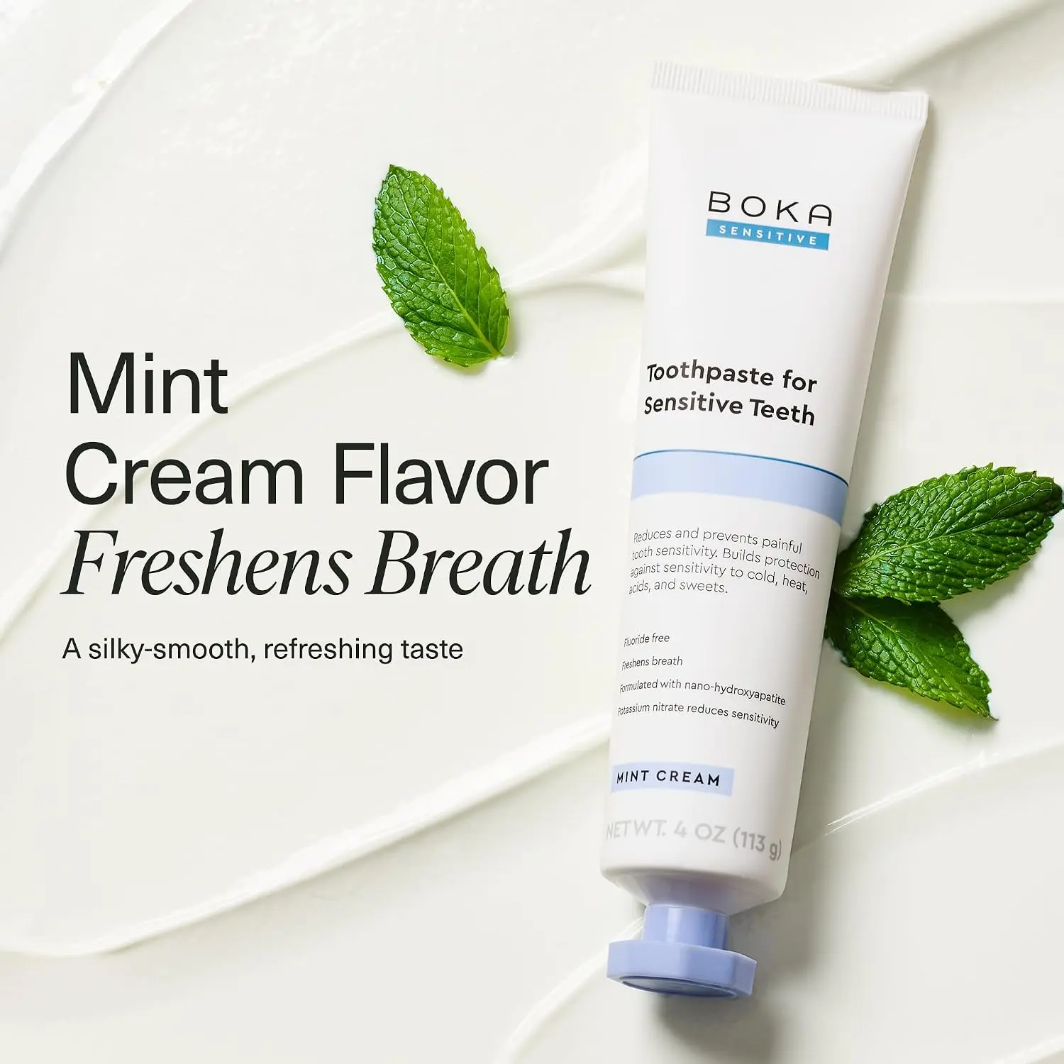 Boka Sensitive Toothpaste - Fluoride Free Nano Hydroxyapatite Toothpaste | Sensitive Teeth Relief - Potassium Nitrate for Tooth Sensitivity and Protection for Adults - Mint Coconut Cream - 4 Oz, 1PK