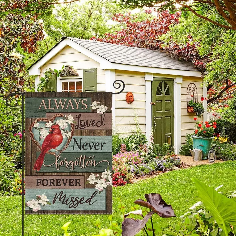 Always Loved Never Forgotten Garden Flag, Cardinal Memorial House Flag, Sympathy Remembrance Yard Decor, Front Porch Patio Outdoor Banner, Garden Gift