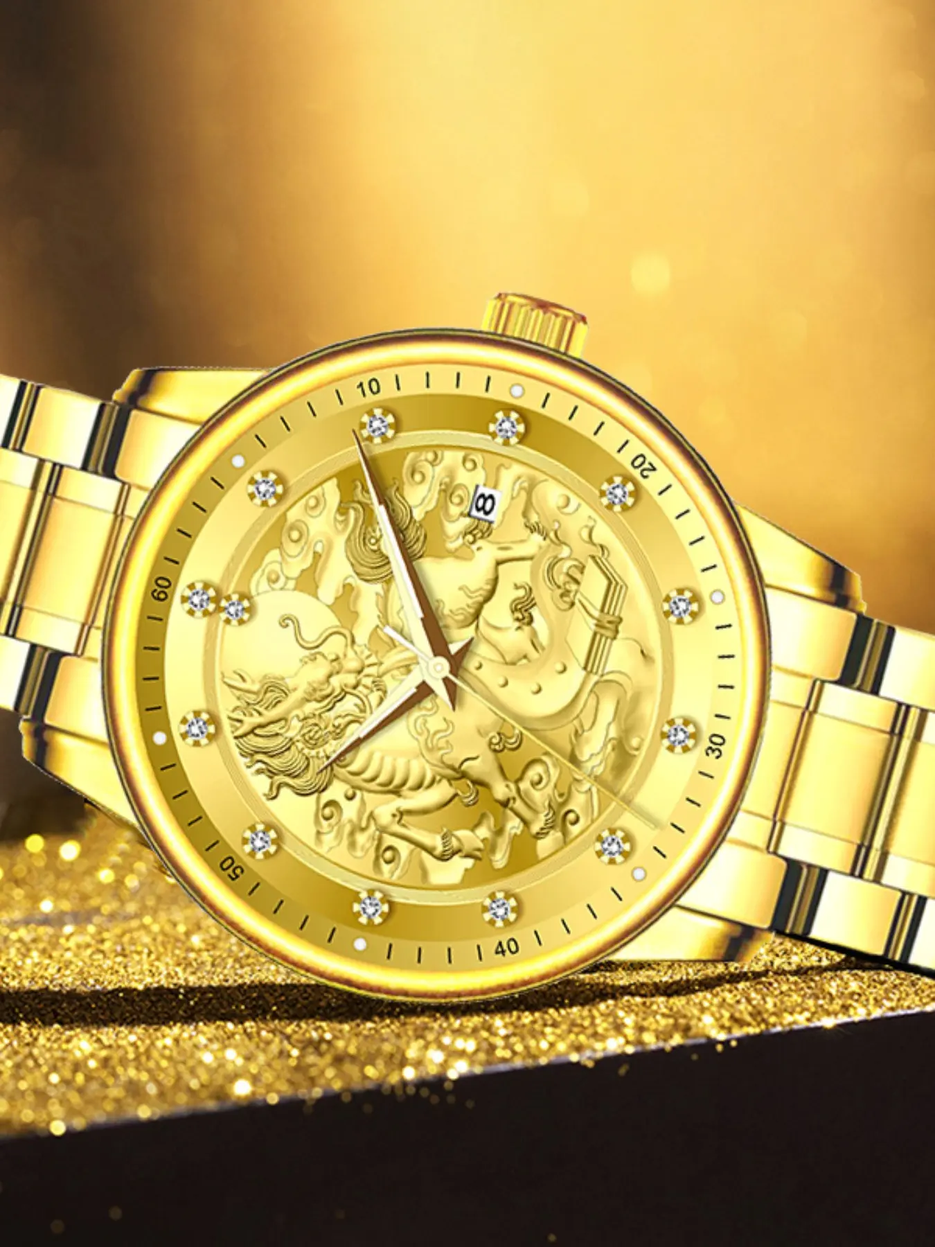 Men's Mechanical Watch, Luxury Chinese Style, Kinyun Carving Dial, Diamond Design, Full Gold Strap, Business Gift, Daily Wear
