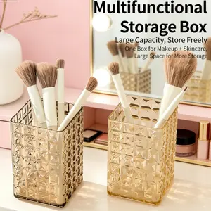 Makeup Brush Storage Cylinder, Vanity Table Lipstick Eyeliner Desktop Cosmetic Mirror Cabinet Organizer Box, Office Pen Holder Square Diamond Shape, Cosmetics Organizer Storage