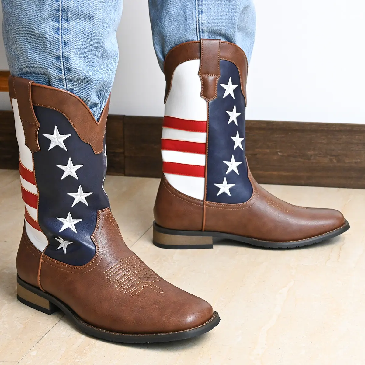 Men's Casual High-Top Cowboy Boots - Patriotic American Flag Print with Stars, Slip-On Design, Comfortable PU Lining, Non-Slip Rubber Sole, Outdoor Shoe